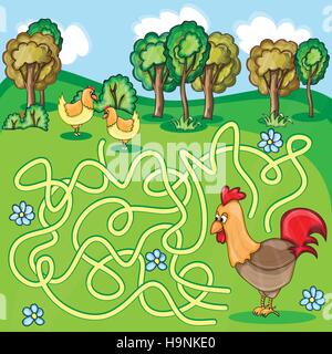 Lustiges Labyrinth-Spiel - Cartoon Chicken Farm Style - Vector Illustration Stock Vektor