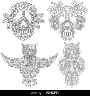 Eule und Schädel landwirtschaftl - set dekorative Elemente isoliert Vektor-illustration Stock Vektor