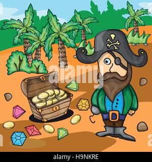 Lustige Cartoon Pirat mit Schatz-Vektor-illustration Stock Vektor