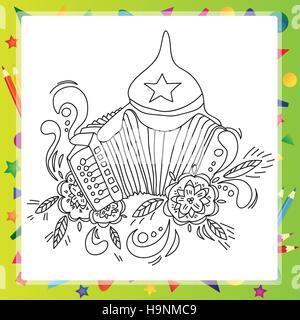 Malbuch für Kinder - Musikinstrumente russischer Akkordeon Stock Vektor