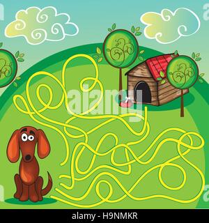 Cartoon-Vektor-Illustration von Bildung Irrgarten oder Labyrinth-Spiel für Kinder im Vorschulalter mit lustiger Hund und Hundehütte Stock Vektor