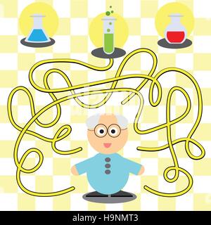 Spiel für Kinder - helfen Wissenschaftler, den richtigen Weg in den Kolben zu wählen Stock Vektor