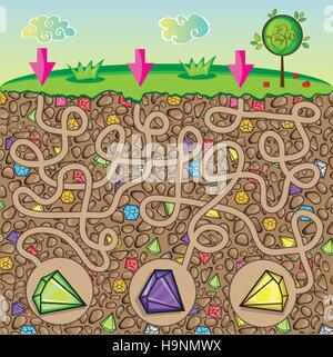 Labyrinth für Kinder - Natur, Steinen und Edelsteinen unter der Erde - erhalten Sie den Pfad zum Diamanten Stock Vektor