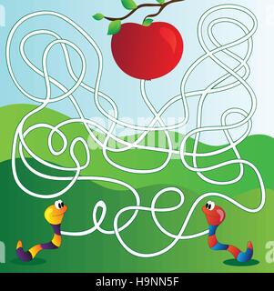 Vektor-Irrgarten, Labyrinth Bildung Spiel für Kinder mit Apfel und Wurm Stock Vektor
