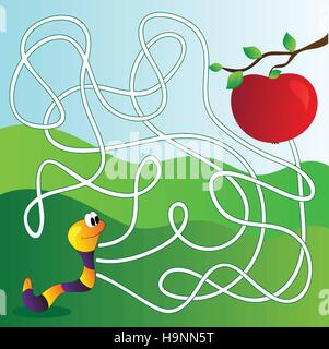 Vektor-Irrgarten, Labyrinth Bildung Spiel für Kinder mit Apfel und Wurm Stock Vektor