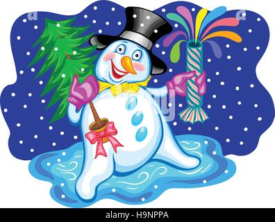 Lustiger Schneemann mit Geschenk. Weihnachten-Vektor-illustration Stock Vektor