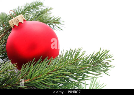 Schöne glänzende Weihnachtskugel und Fichte Zweige auf weiß Stockfoto