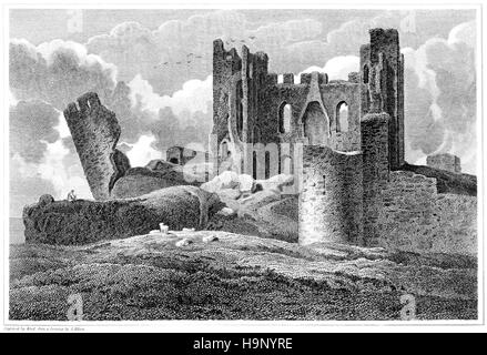 Gravieren von Caerphilly Castle, Glamorganshire in hoher Auflösung aus einem Buch gescannt gedruckt im Jahre 1812. Kostenlos copyright geglaubt. Stockfoto