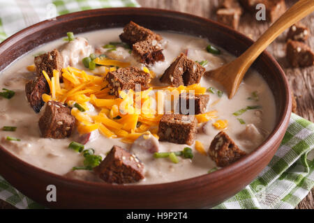 Deutsches Bier-Suppe mit Käse und Speck hautnah in einer Schüssel auf dem Tisch. horizontale Stockfoto