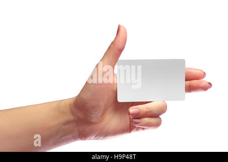 Linke weibliche Hand halten leere weiße Karte Mockup. Prepaid-Kunststoff NFC Id EPC RFID Call-Card Mock-Up Vorlage mit abgerundeten Ecken. Front-Display Stockfoto