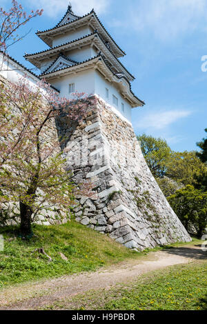 Japan, Akashi schloss, AKA Kishun-jo. Ishigaki Steinwand mit weißem Putz, shikuri dobei, Oberteil und 3-stöckige Tatsumi yagura, Revolver, blauer Himmel. Stockfoto