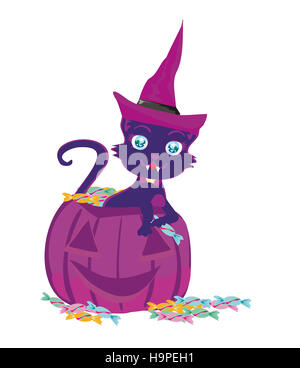 Katze auf einer Halloween-Kürbis. Stockfoto