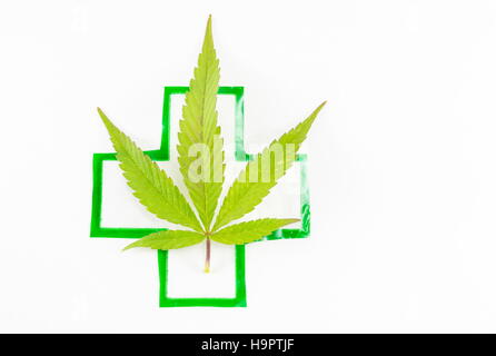 Cannabis-Pflanze und medizinisches Zeichen. Alternative Medizin-abstrakt Stockfoto