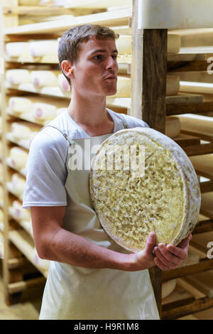 Evillers, Frankreich - 31. August 2016: Arbeiter hält ein Rad von Comte Käse Reifung Keller in Franche Comte Molkerei in Frankreich Stockfoto