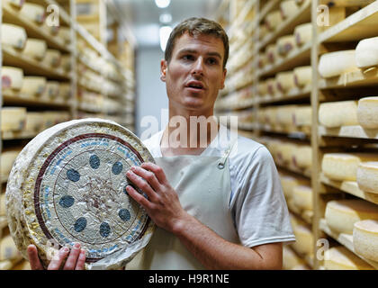 Evillers, Frankreich - 31. August 2016: Käser hält ein Rad von Comte Käse Reifung Keller in Franche Comte Creamery, in Frankreich Stockfoto