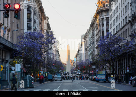 Blick auf den Obelisken von der Plaza de Mayo mit Jacaranda-Bäumen bei Sonnenuntergang. Buenos Aires, Argentinien. Stockfoto