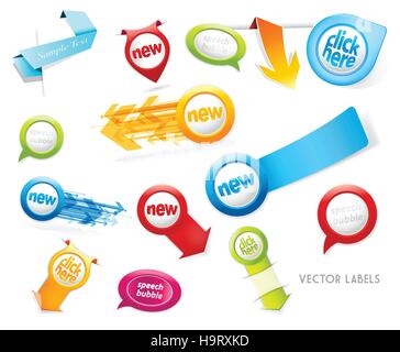 Reihe von bunten Etiketten, Abzeichen, Sprechblasen, Pfeile auf weißem Hintergrund zeigt. Stock Vektor
