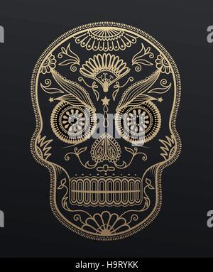 Zucker-Schädel-Tag der Toten. Mexikanischen Stil goldene Effekt Schädel Abbildung. Stock Vektor