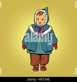 Kleinkind Retro Kleidung Puppe, Pop-Art-Vektor-Illustration. Kindheit und Mode Stock Vektor