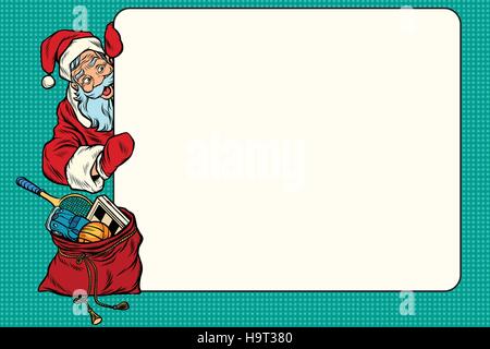 Santa Claus Comicfigur zeigt ein leeren Zeichen. Ein Weihnachts-Geschenk-Tasche. Pop-Art-Perto-Vektor-illustration Stock Vektor