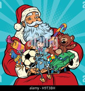 Weihnachtsmann mit Geschenken, Hahn-Jahr, Pop-Art-Retro-Vektor-illustration Stock Vektor