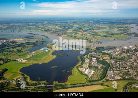 Luftaufnahme, Rhein-Hochwasser an der Mündung der Lippe, Niederrhein, Nordrhein-Westfalen, Deutschland Stockfoto