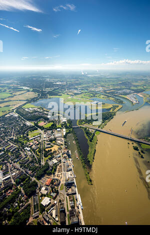 Luftaufnahme, die Rhein-Flut an der Mündung der Lippe, Rheinbrücke, Rekonstruktion der Lippe Wesel, Niederrhein Stockfoto