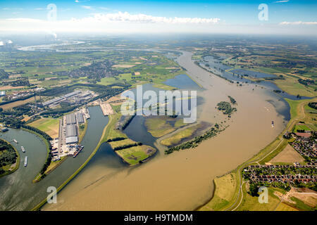 Luftaufnahme, Rhein-Hochwasser an der Mündung der Lippe, Niederrhein, Nordrhein-Westfalen, Deutschland Stockfoto