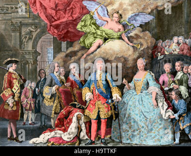 Ferdinand VI. von Spanien (1713-1759). Die Gelehrten. König von Spanien.  Ferdinand VI und seine Frau Barbara von Braganza und seines Hofes. Kupferstich, 18. Jahrhundert. Farbige. Stockfoto