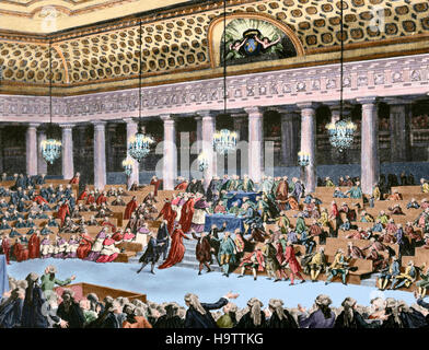 Französische Revolution (1789-1799). Nationalversammlung am 4. und 5. August 1789. Gravur der Zeit. Farbige. Stockfoto