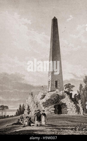 19. Jahrhundert Blick auf den Obelisken in Newtown Park, Stillorgan. Der Obelisk wurde auf Veranlassung von Herrn Allen, wahrscheinlich zur lokalen Beschäftigung dieses Jahr 1727 erbaut. Es kann auch als ein Denkmal für Lady Allen, gebaut worden sein auch wenn sie nicht dort begraben wurde. Der Obelisk misst 100 Fuß hoch und besteht aus Granit. Edward Lovett Pearce ließ sich inspirieren von einem Obelisken von Bernini, befindet sich in Rom.  Stillorgan, County Dublin, Irland Stockfoto