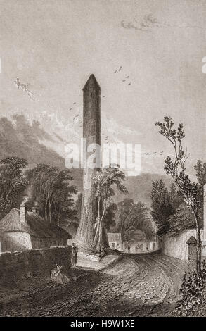 19. Jahrhundert Blick auf das 7. Jahrhundert Round Tower auf dem Gelände des Klosters von St. Mochua in Clondalkin, County Dublin, Irland gegründet Stockfoto