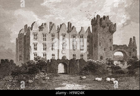 19. Jahrhundert Blick auf Inchmore Burg am Fluss Nore, etwa vier Meilen von Kilkenny City gelegen. Es wurde von Robert Grace, Baron von Courtstown und Mitglied des Parlaments für die Grafschaft errichtet, die im Jahre 1640 starb.  County Kilkenny, Irland Stockfoto