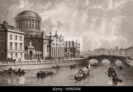 19. Jahrhundert-Blick auf das Four Courts auf Gasthöfe Kai, neben dem Fluss Liffey in Dublin. Es befindet sich der oberste Gerichtshof, der High Court und der Circuit Court Dublin. Dublin City, Irland Stockfoto