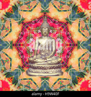 Buddha-Statue im Lotus in abstrakte Mandala Bild sitzen Stockfoto