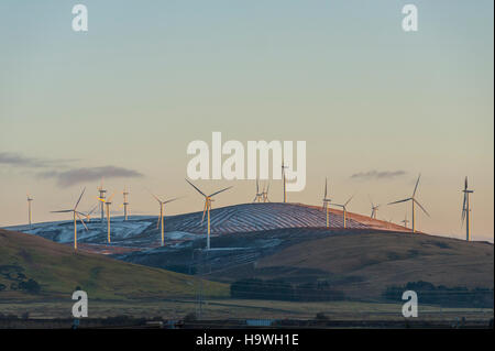 Turbinen des Clyde Windparks in Lanarkshire Scotland bei Sonnenuntergang Stockfoto