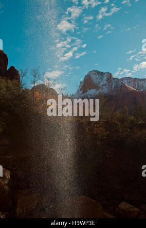 Die Lower Emerald Pools im Zion Nationalpark, bekannt für ihre atemberaubenden Wasserfälle und die lebhafte Landschaft. Diese Gegend ist ein beliebtes Wanderziel und bietet Besuchern die Möglichkeit, Zions einzigartige Landschaften und vielfältige Ökosysteme zu erleben. Stockfoto