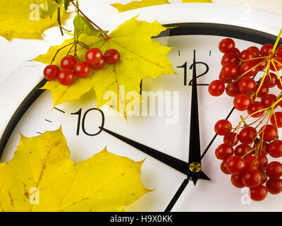 10:00. Ziffernblatt mit Blättern und reif Viburnum. Stockfoto