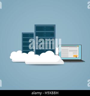 Cloud-Computer-Konzept. Server verbunden mit Laptop für Einstellungen. Stock Vektor