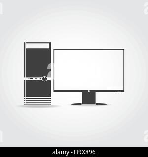 Schwarz-Symbol. Desktop-PC-Gehäuse mit Knöpfen und Monitor. Stock Vektor