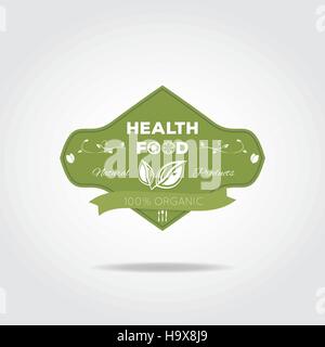 Grünen Aufkleber mit Schatten. Gesundheit Bio-Lebensmittel-Abzeichen mit Blättern und Band. Stock Vektor
