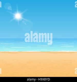 Ruhiger Strandküste. Ruhiges Meer und gelbe Sand unter hellem Sonnenlicht. Stock Vektor