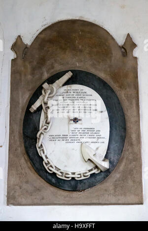 Denkmal für John William Murton Kühlung Burg, die über Bord fiel & ertrunken in der Nähe von Rio De Janeiro im Jahre 1852, St James' Church, Kühlung, Kent Stockfoto