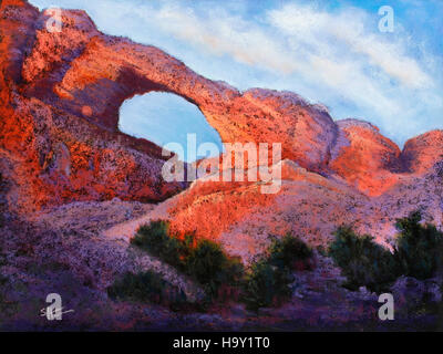 Der Skyline Arch im Arches National Park ist ein markantes geologisches Merkmal, das für seine natürliche Bogenformation bekannt ist. Er bietet ein klares Beispiel für die Erosionsprozesse, die Gesteinsformationen im Park Formen, der für seine einzigartigen Bögen und Felsstrukturen berühmt ist. Stockfoto