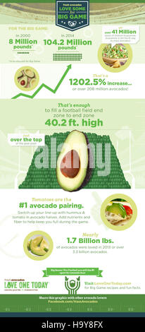 Diese USDA-Infografik veranschaulicht die wichtigsten Fakten über Avocados, einschließlich ihrer ernährungsphysiologischen Vorteile, ihres Anbaus und ihrer wirtschaftlichen Bedeutung. Das Bild zeigt die Rolle von Avocados in der US-Landwirtschaft und ihre Popularität als nahrhafte Nahrungsquelle. Stockfoto
