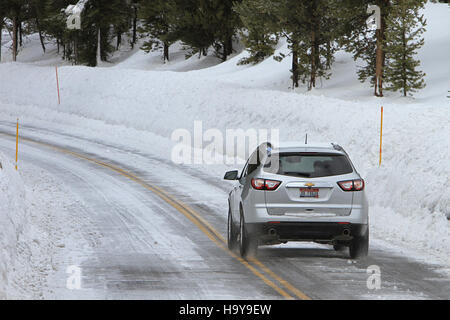 Ein Auto fährt entlang der Northeast Entrance Road im Yellowstone National Park, umgeben von hohen Schneebänken. Die schneegesäumte Straße ist während der Wintermonate ein wichtiges Merkmal des Parks, da sie Zugang zu malerischen Aussichten und Tierbeobachtungen bietet. Stockfoto