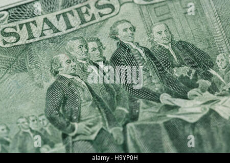 Unterzeichnung der Unabhängigkeit von uns zwei Dollar Bill Makro, USA Geld closeup Stockfoto