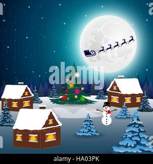 Nacht Weihnachten Waldlandschaft. Santa Claus fliegt Rentier in Stock Vektor