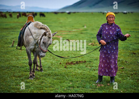 Mongolei, Provinz Arkhangai, Jurte Nomadencamp in der Steppe, mongolische Frau mit ihrem Pferd Stockfoto