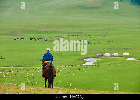 Mongolei, Provinz Arkhangai, Jurte Nomadencamp in der Steppe, mongolische horserider Stockfoto